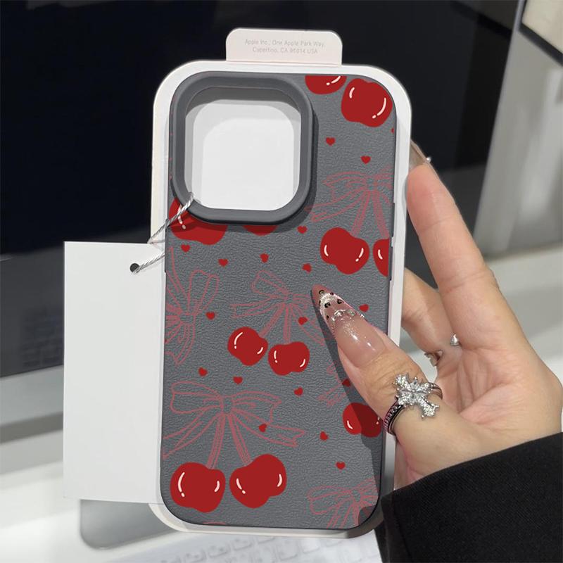 Leather Texture TPU Soft Phone Case For iPhone 16 Pro Max 15 Pro 14 13 12 11 Bowknot Cherry Print Slim Shockproof Matte Bumper Cover