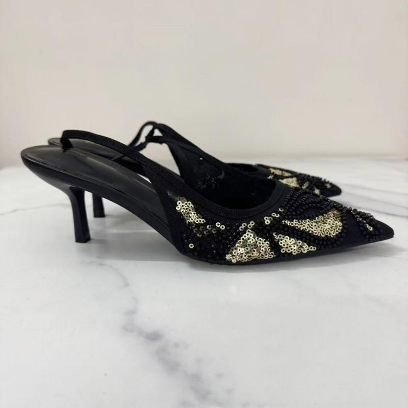 Fashion Bling Bling Fashion Sequined String Bead Women Pumps Summer Elegant Pointed Toe Air Mesh Slingbacks Thin High Heels Party Shoes