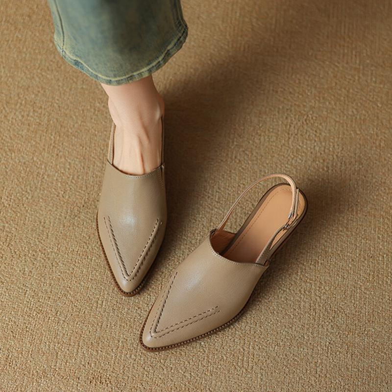 Fashion NEW Summer Women Sandals Genuine Leather Shoes for Women Pointed Toe Chunky Heel Shoes Simple Cover Toe Slingback Buckle Sandals