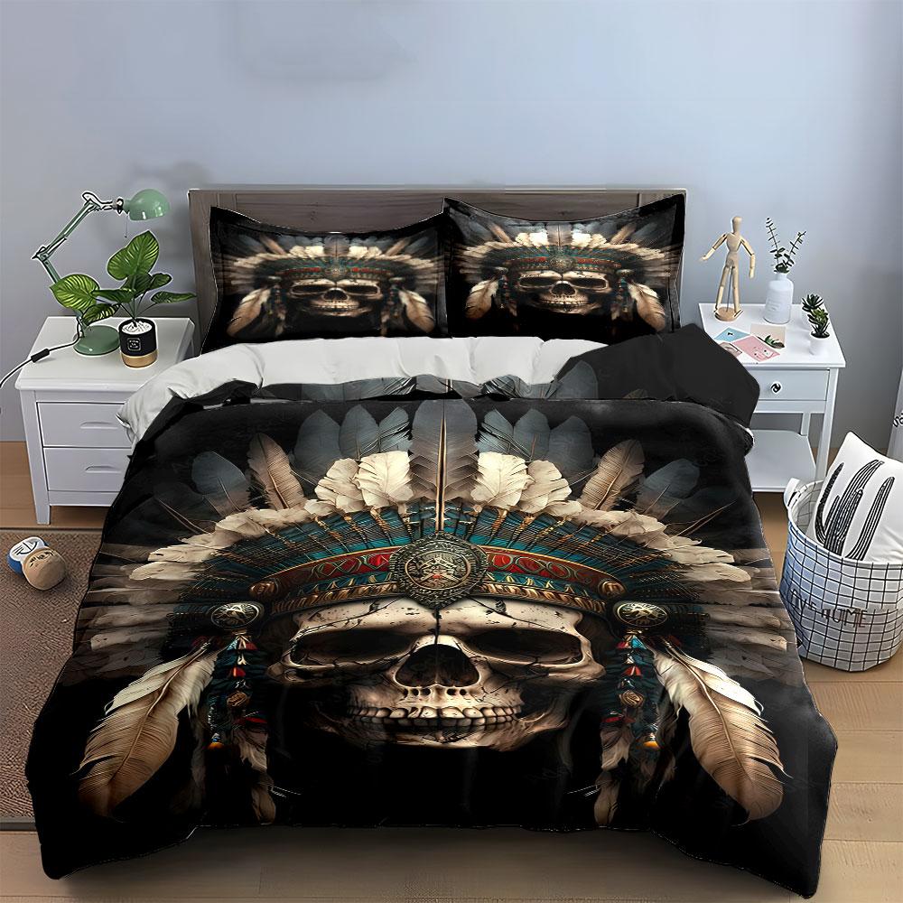 Skull with feather headdress. Bedding sets Duvet cover sets Duvet covers Pillowcases(1 * Duvet Cover 2 * Pillowcases without duvet insert)