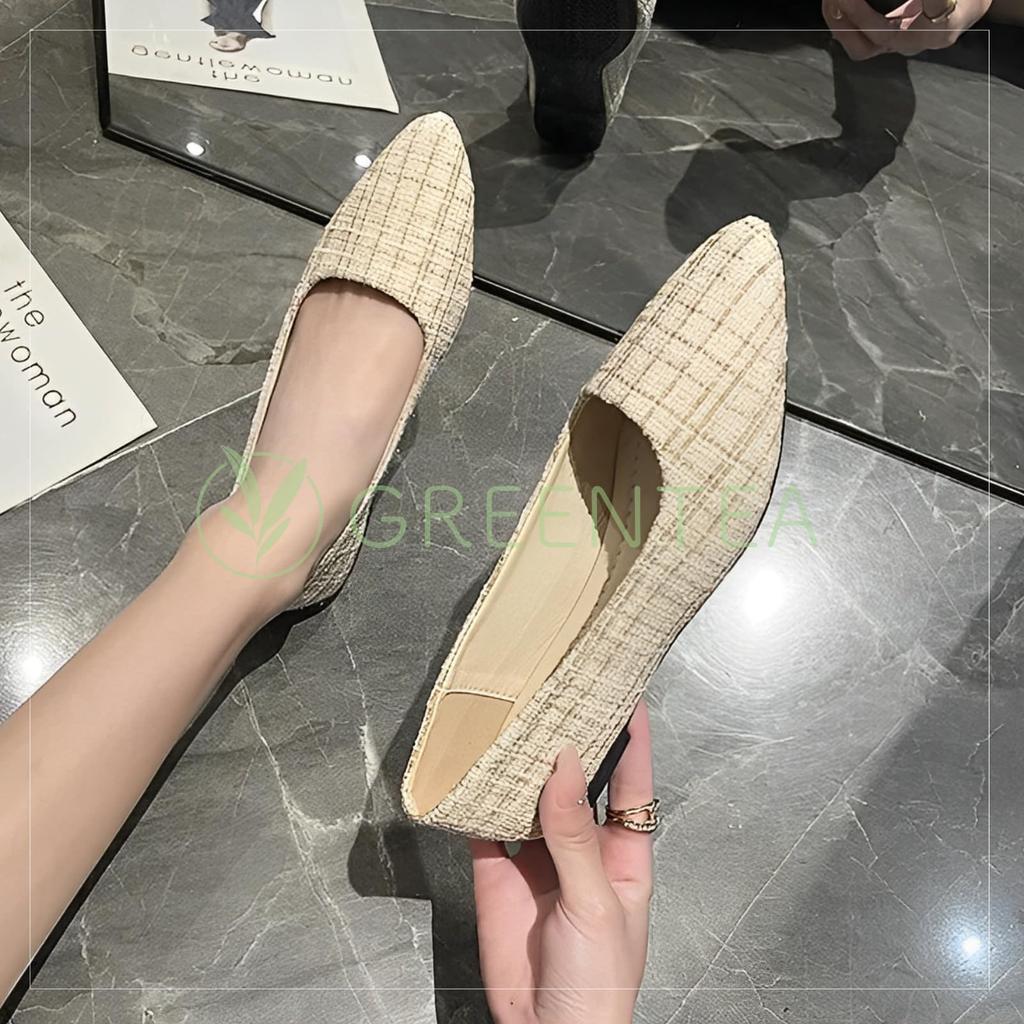 low easy to run easy to walk checkered almond [Green Tea] Pumps, heel, flat, comfortable, in, in, pattern, toe, women's, beige, 39, 24.5cm