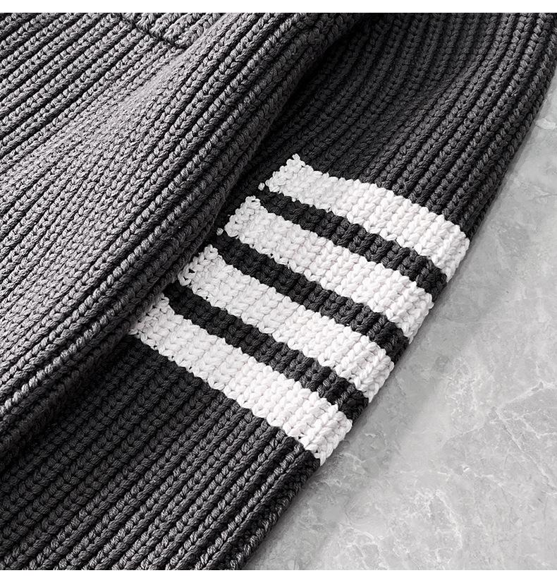 Four-Stripe Unisex Thick Knit Cardigan - Lapel Long Sleeve for Autumn/Winter