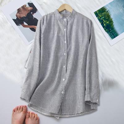 Women Shirt Stand Collar Long Sleeve Single Breasted Shirt Tops Vertical Striped Print Loose Fit Office Lady Blouse