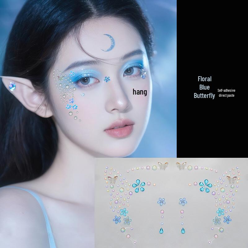 Blue Star Diamond Face Stickers: Adhesive Rhinestone Designs for Tear Eye Makeup, Perfect for Music Festivals.