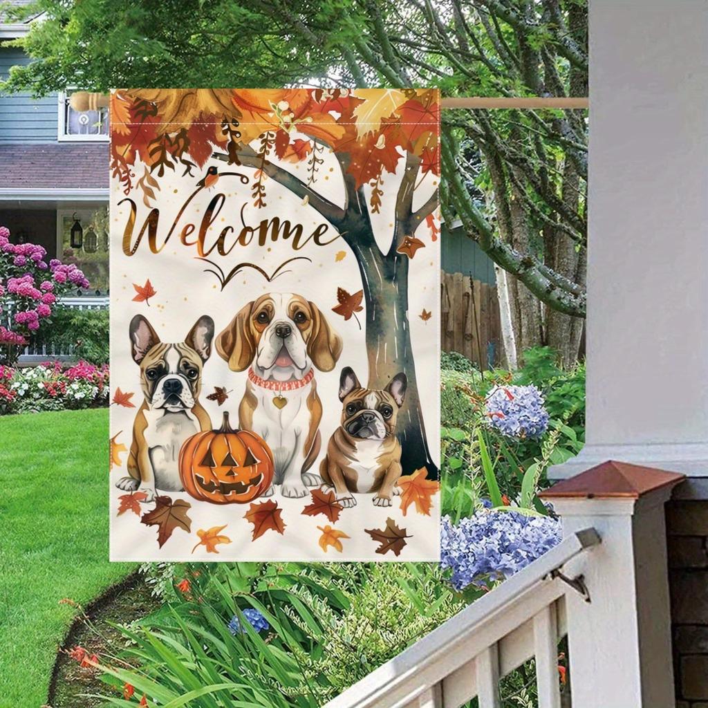 Welcome Autumn Harvest Halloween Dog Pumpkin Maple Leaf Decorative Flag - Double Sided Polyester Garden Flag for Outdoor, Lawn, Courtyard Decoration