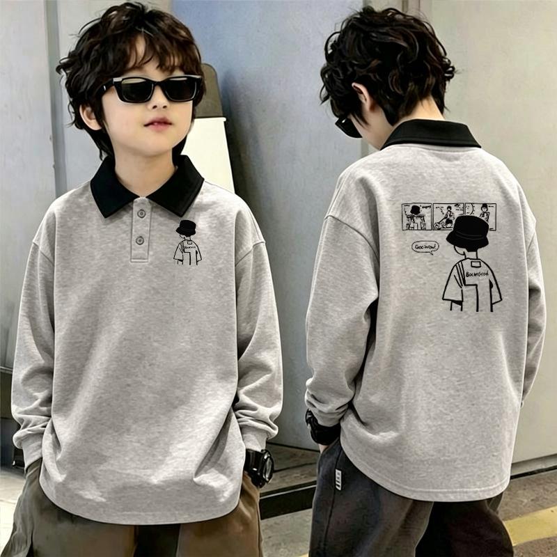 Korean Style Boys' Color Block Polo Shirt - Spring/Autumn Long Sleeve, Casual Lapel T-shirt for Middle and Big Kids