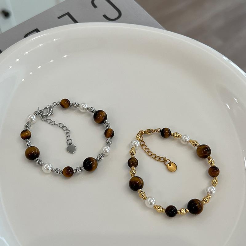 New Trendy Natural Tiger Eye Stone Bracelet Pearl Collar Chain Necklace for Women Punk Vintage Handmade Beads Jewelry Set Gifts