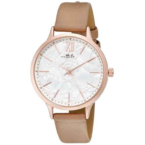 Fieldwork Analog Watch, Ripia, Pink Gold with Floral Pattern and Leather Strap, GY045-3, Women's, Brown
