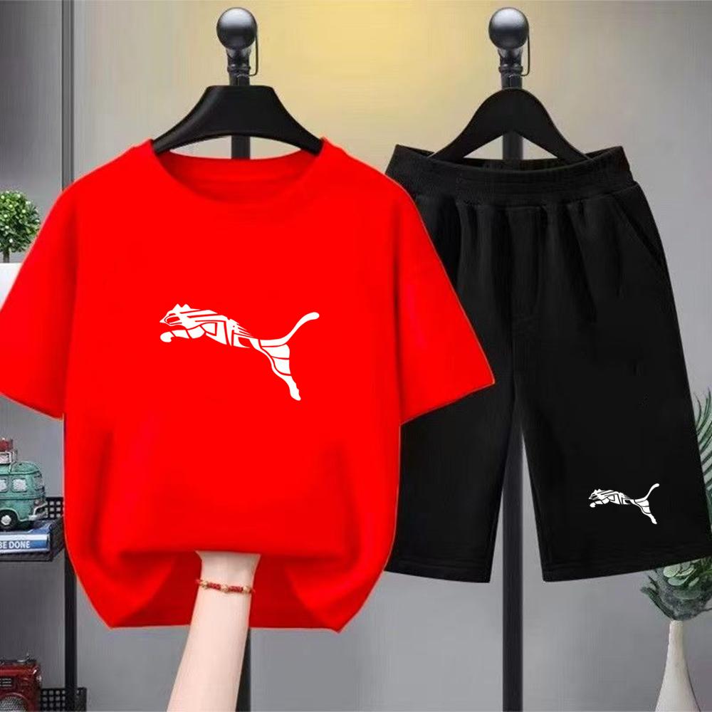 Set Due Pezzi T-shirt Bianca+Pantaloncini per Bambini Stampa Ragazzi Ragazze Toddler 3-12 Anni Sportivo Casual Abbigliamento Marca