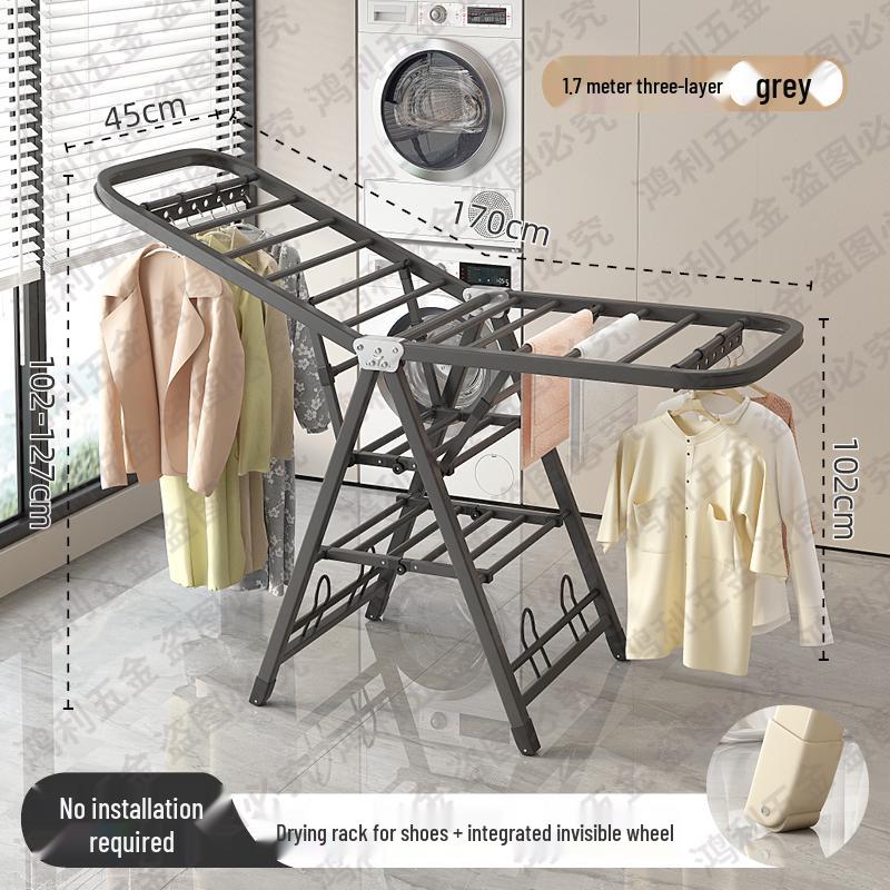Folding Floor-Standing Clothes Drying Rack for Household, Bedroom, Balcony, Indoor Use - Ideal for Baby Clothes and Quilts.