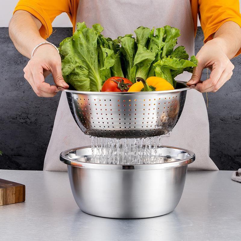 Three-Piece Stainless Steel Grater, Colander, and Vegetable Washing Bowl Set for Multi-functional Kitchen Use