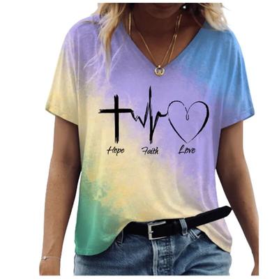 Gradient Electrocardiogram Print T Shirt Short Sleeve Women Top  Size Casual T Shirt Fashion V-Neck Ladies Shirt Summer 2021
