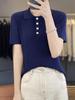 Spring/Summer Women's Slimming Knit Bodycon Polo Top with Turn-Down Collar and Half Sleeves