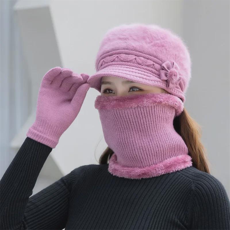 2024 Damen Herbst/Winter Koreanische Strickmützen aus Wolle mit Ohrenklappen – Warm, modisch und verdicktes Kaninchenfell-Design