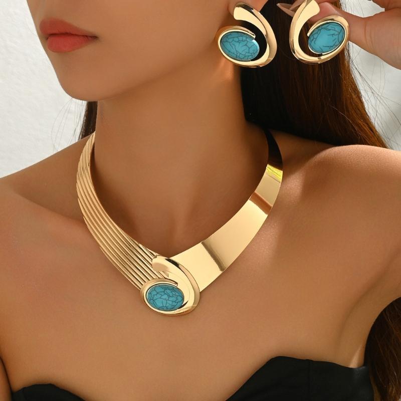 Versatile Geometric Jewelry with Oval Stone Gold Color Necklace Earrings Set Geometry Accessories For Stylish Women