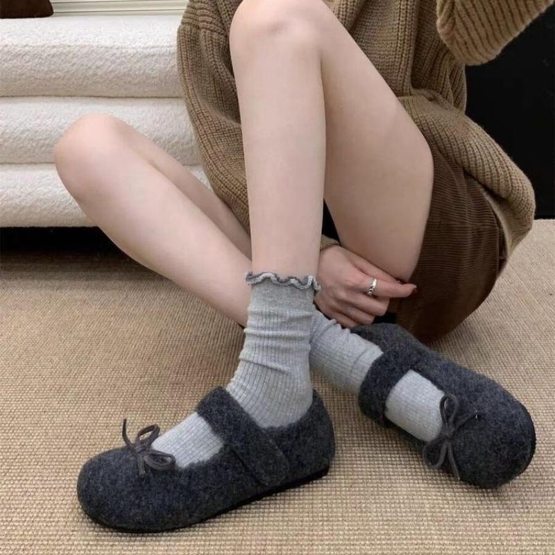 Fashion Women's Felt Mary Jane Shoes with Bow Detail Cozy and Cute Flat Shoes Woolen Fabric Flats Ladies Comfort Outdoor Warm Cotton