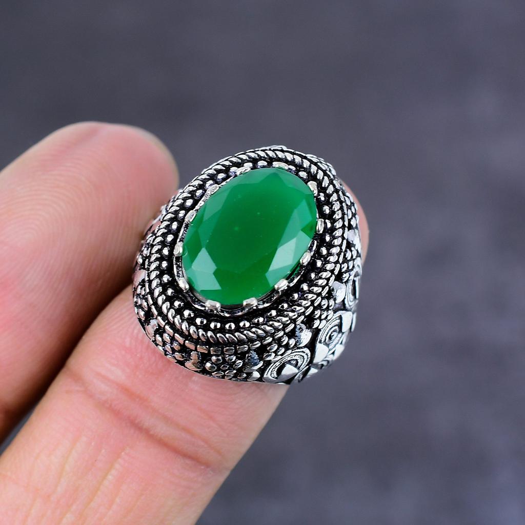 Emerald(Simulated) Gemstone Handmade 925 Sterling Silver Jewelry Ring S.7 y5J26