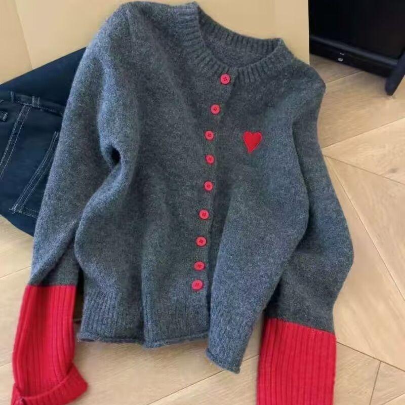 High-end Super Nice Color Block Knitted Cardigan Coat Women's Autumn Winter Top Unique Gray Sweater