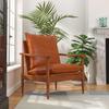 Armchair, Brown, Genuine Leather And Acacia Wood