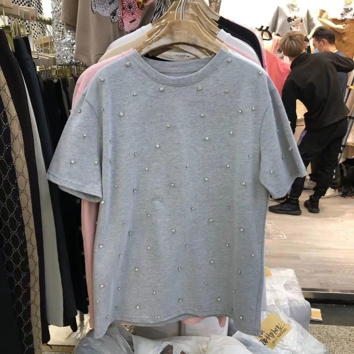 Haut Blanc Vintage Femme T-shirts Automne Col Rond Couleur Unie Diamants T-shirts Harajuku Manches Courtes Amples Décontractés T-shirts XXXL gris