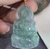 Natural A-Grade Ice Blue Jade Guanyin with 18K Gold-Inlaid 925 Silver and Pavé Rhinestones.