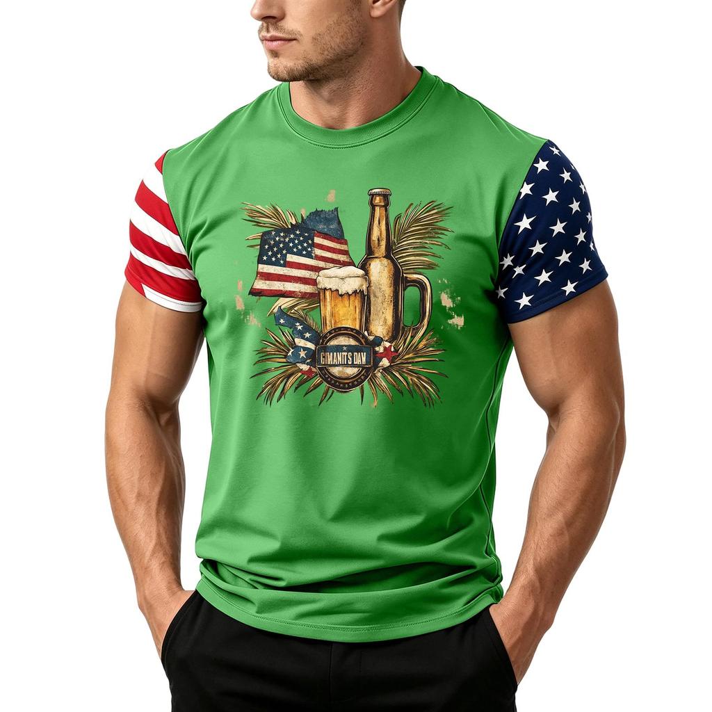 Men's Short Sleeve Loose Fit T Shirt with Flag and Beer Print Casual Crewneck Summer Top for Daily Wear Holiday Events