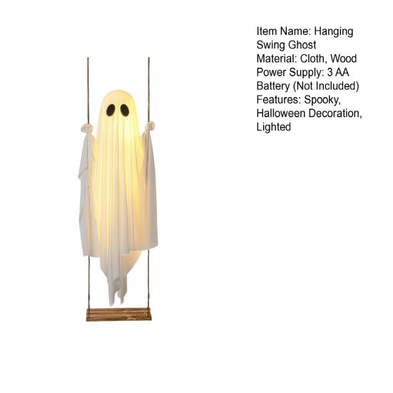 5 FT Hanging Swing Ghost Halloween Decoration LED Lighted Outdoor Large White Ghost Swinging Halloween Decor for Yard Tree Front Porch