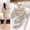Premium Sense Silver Rhinestone Sandals Women's Summer Dress Thick Heel Open Toe Beautiful Bow Fairy Style Crystal High Heels