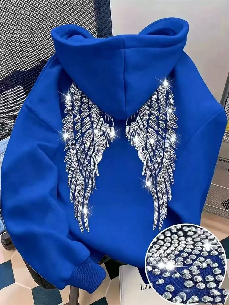 Hanorac cu glugă și mânecă lungă pentru femei, croială regulată, hoodie casual, pulover cu imprimeu aripi cu strasuri, poliester, îmbrăcăminte exterioară fashion