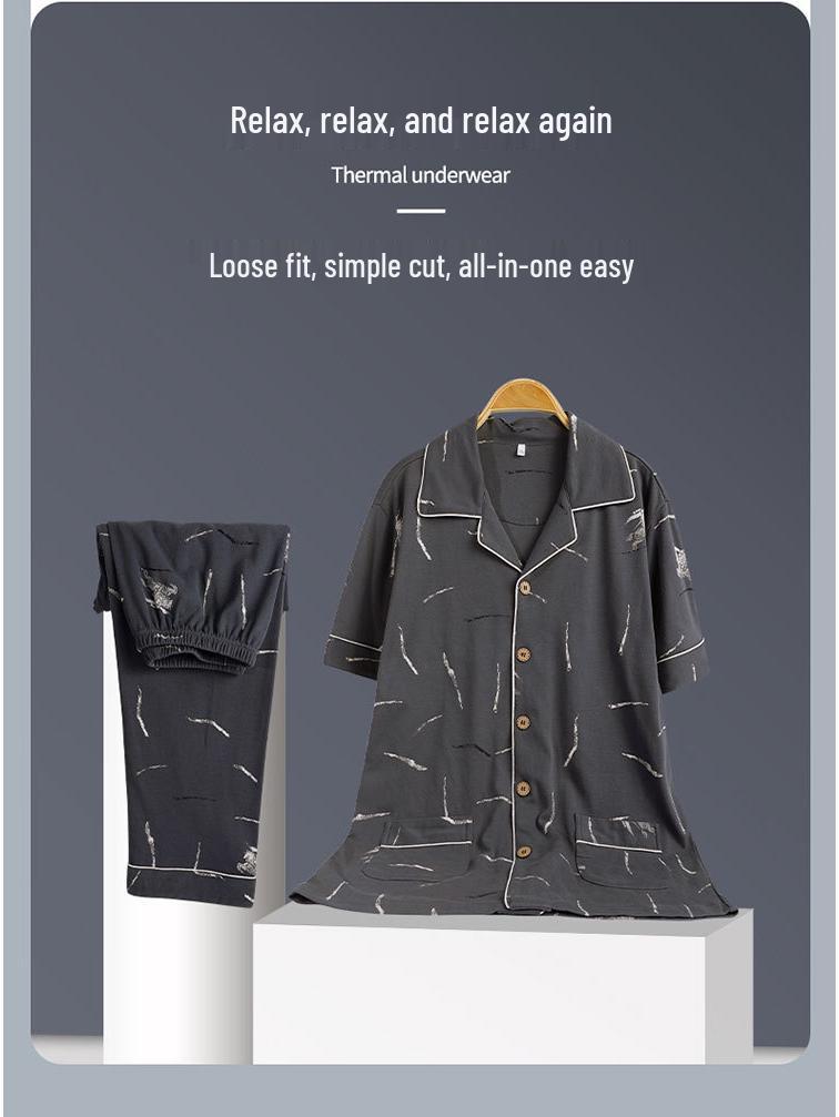 Men's Summer Cotton Pajama Set: Short Sleeve, Long Pants, Plus Size, Loose, Casual, Thin Cardigan Homewear.