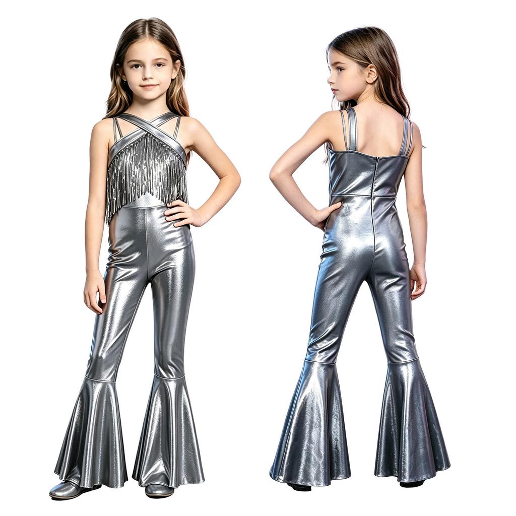 Girls Metallic Jumpsuit Shiny Sequins Tassels Sleeveless Back Zipper Long Flare Pants Disco Dance Parties