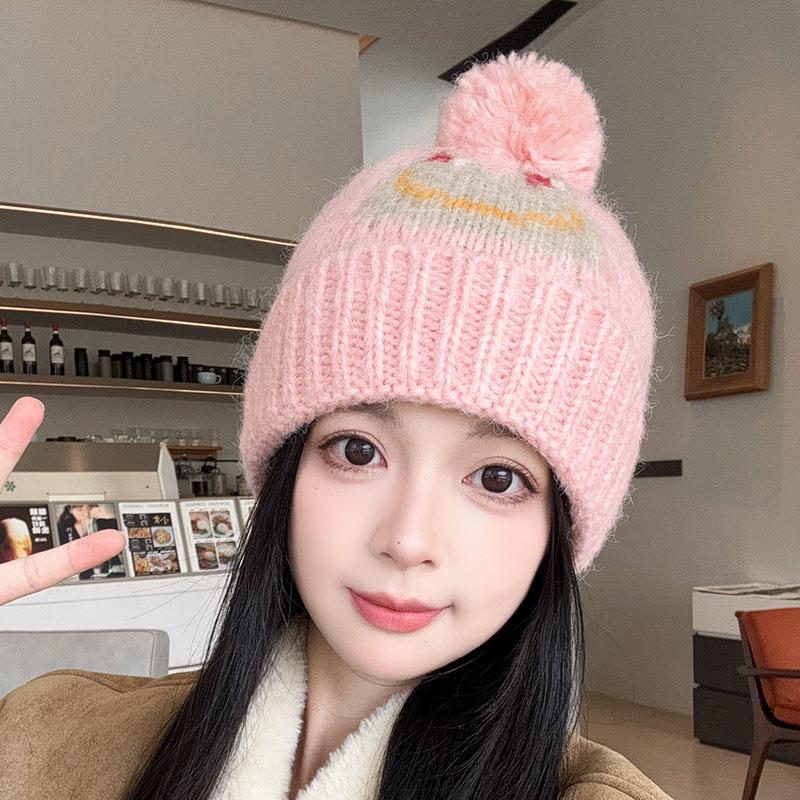 New Cute Jacquard Frog Fur Ball Woolen Hat for Women Autumn and Winter Warm Ear Protection Knitted Hat for Men