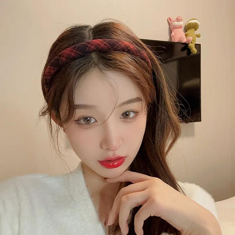 French Retro Sponge Headband Women College Style Plaid Hair Band Elegant Temperament Hoop Hairband Girls Hair Accessories