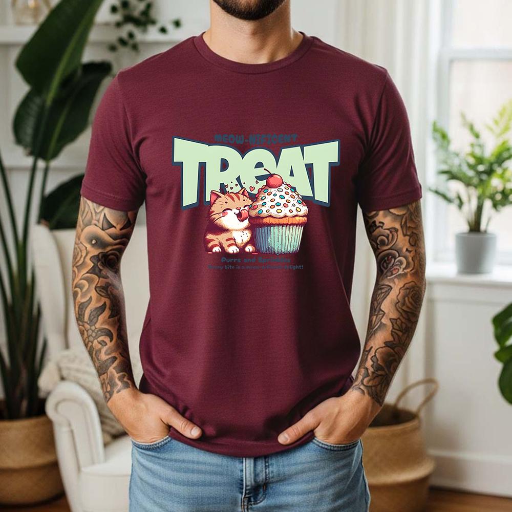 New Summer Unisexs 100 Cotton TShirt Retro Cat With Cupcake Casual Breathable Short Sleeve Daily Wear