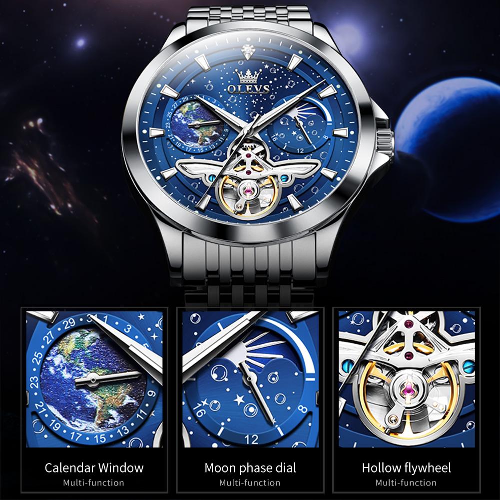 OLEVS Luxury Men Automatic Mechanical Watch Starry Sky Blue Dial Tourbillon Hollow Wristwatch Stainless Steel Waterproof Watch