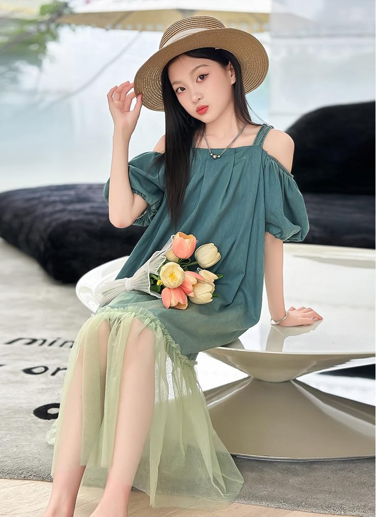 KOSIKINI Summer Short Suitable for and Junior High School and Cute Korean Korean Summer Cute Korean Kids Girls' Dress, Sleeve, Elementary,