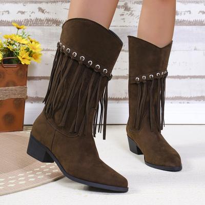 2024 European and American Style Medium Tube Fringed Boots Square Head Medium Thick Heel Retro Western Cowboy Boots Frosted Leather Brown Short Boots