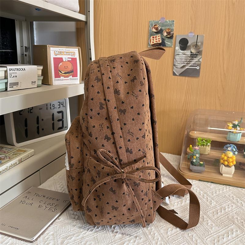 College Style Bow Print Schoolbag Women's Corduroy Backpack Large Capacity Student Backpack