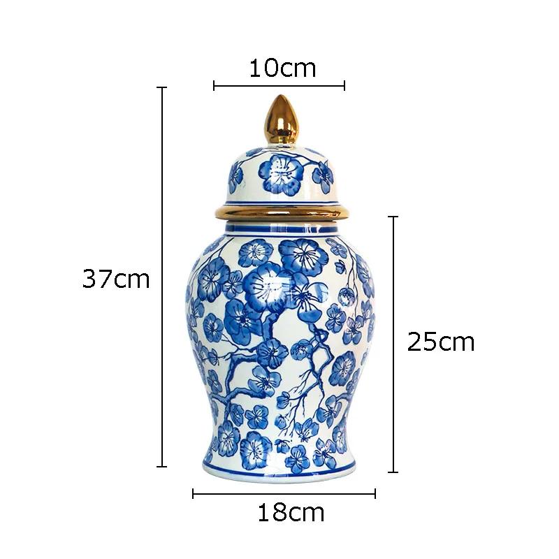 Gold Plated Blue and White Porcelain Ginger Jar with Lids Ceramic General Jars Retro Tea Caddy Floral Vases Desk Decoration
