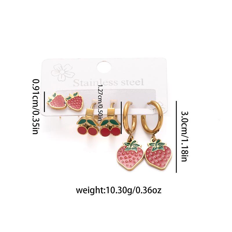 Strawberry Cherry Titanium Steel Earrings - Women's Sweet Versatile Jewelry