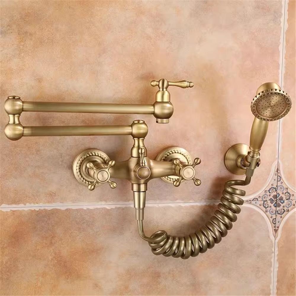 Antique Bronze Pot Filler Tap Wall Mounted Foldable Kitchen Faucet Hot and Cold Single Hole Sink Tap Rotate Folding Spout Brass