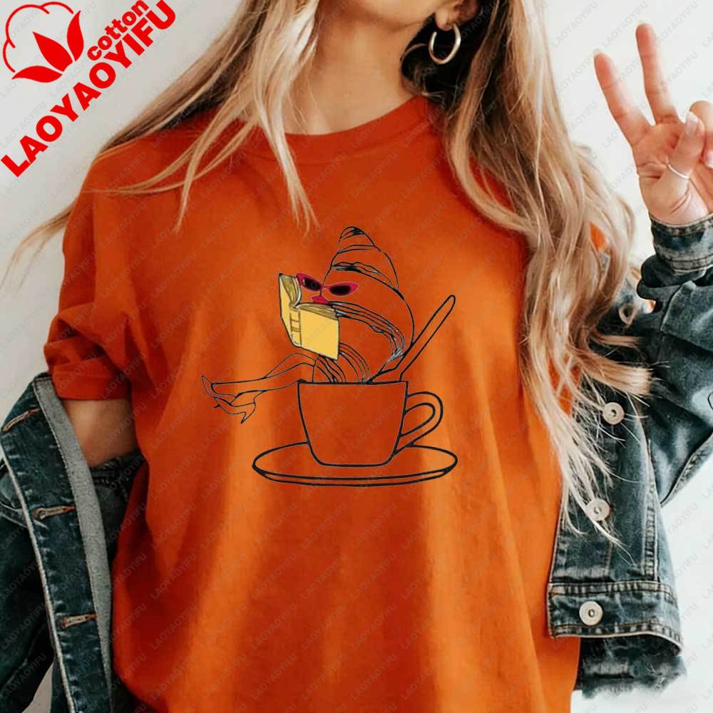 Funny Croissant Coffee Graphic TShirt for Women Cute Cartoon Food Meme Cotton Tshirt Summer Casual Tops Meme Streetwear Shirts S