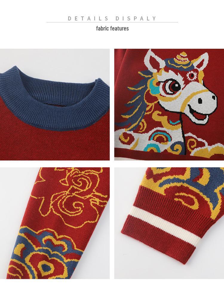 Girls' Red Horse Year Sweater, Winter 2026 Zodiac Style, Thickened for Big Kids - Perfect for New Year Visits