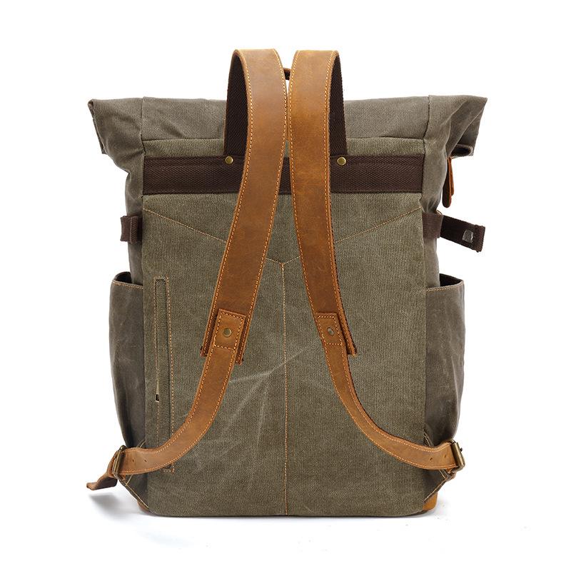 Men's Crazy Horse Leather Travel Backpack and Shoulder Bag with Waxed Canvas Laptop Compartment