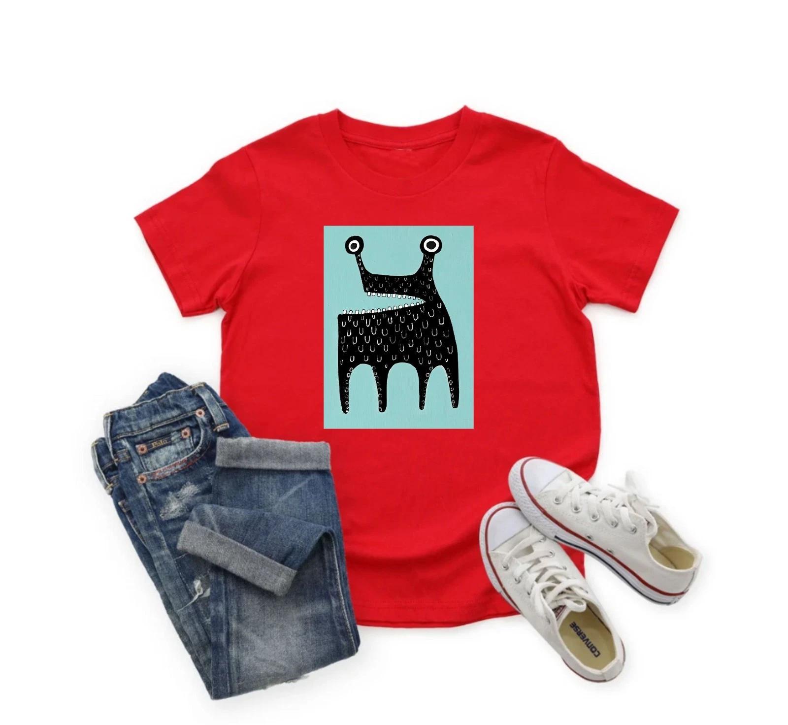 STRAIGHT CUT Monster Folk Art T-Shirt, Cute Alien Birthday Funny Gift Shirt M