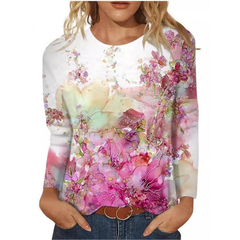 New Women's Round Neck Long Sleeve Loose Printed T-Shirt Ladies Top