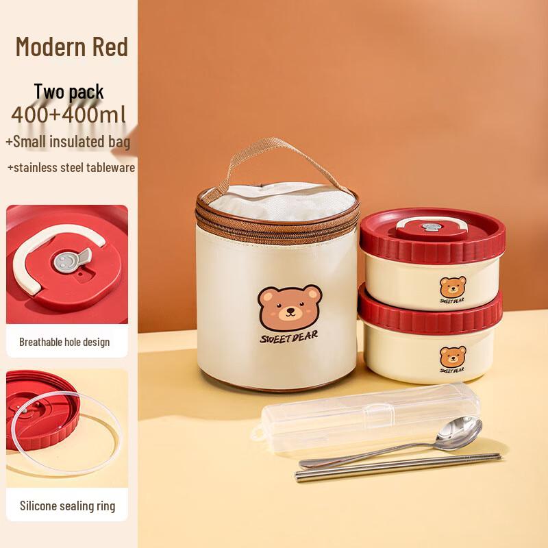 HA Stainless Steel Insulated Microwaveable Bento Lunch Box Set 2x 400ml + Thermal Bag