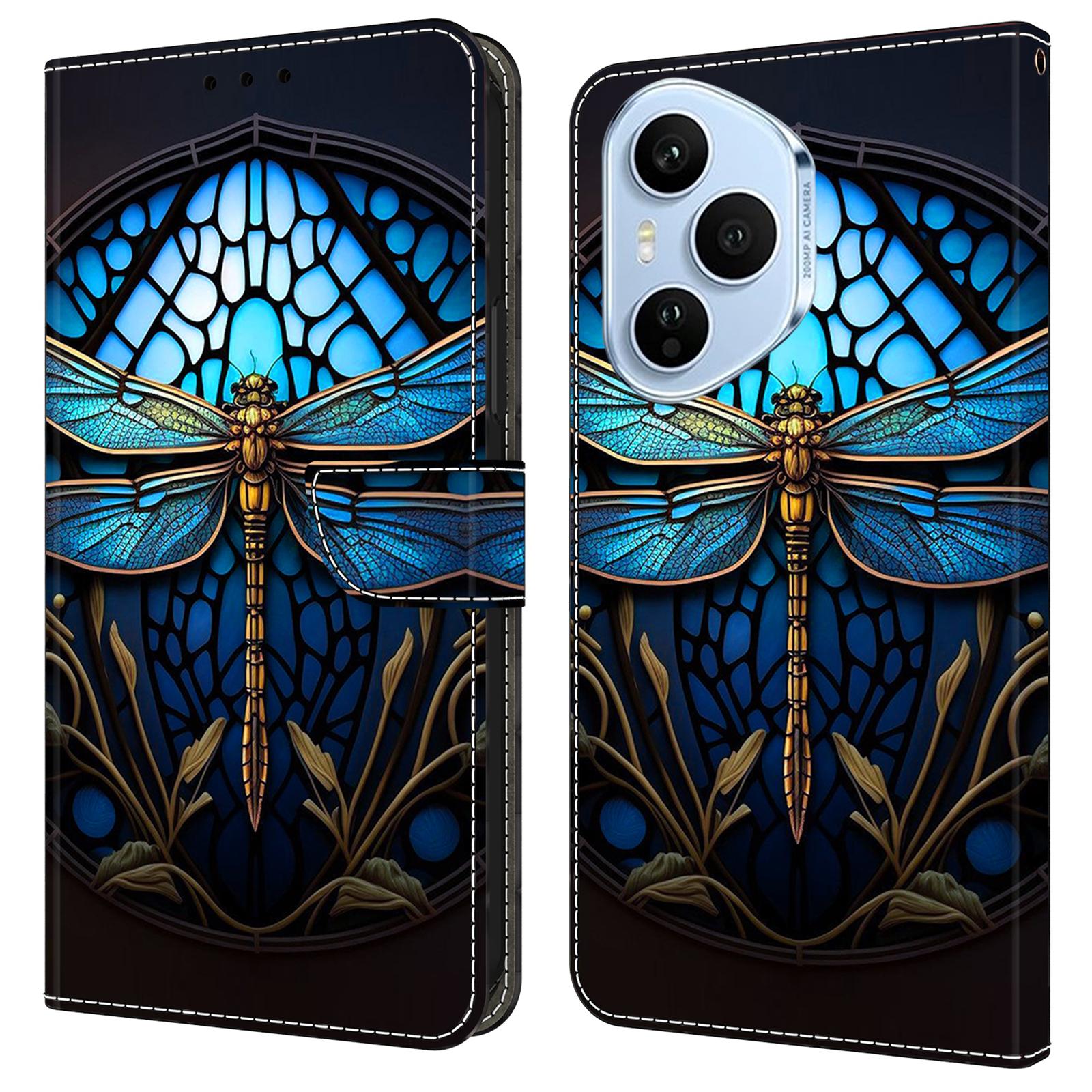 

For Honor 400 Pro 5G (Global) Case with Card Slot Pattern Printed TPU+PU Leather Flip Phone Cover Blue Dragonfly