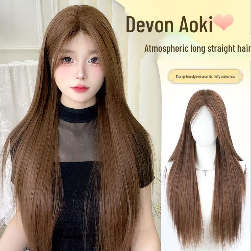 Wig for Women - Long Straight Linen Brown with Lace, Wen Qing Miki Style, Full Head Cover, Fluffy Natural Look