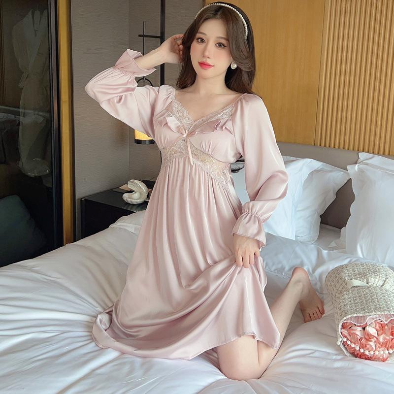

Ice silk pajamas women s spring and summer sexy lace hollow long-sleeved pajamas can be worn outside large size fairy wind silkworm Weisi M розовый